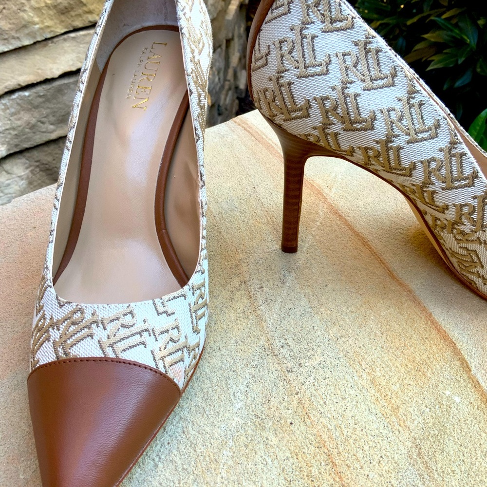 Lauren Ralph Lauren Beige Canvas and Brown Pointed-Toe Stiletto Pumps
